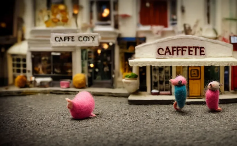 Prompt: miniature cafe diorama macro photography, cafe with felted mice, alleyway, ambient, atmospheric, british, bokeh, romantic