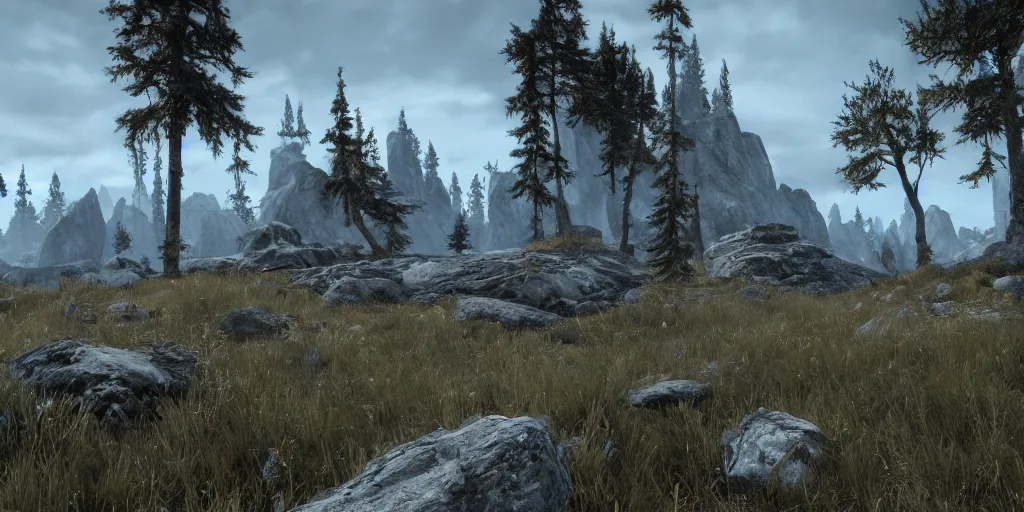 Image similar to a landscape of skyrim, unreal engine 5, photorealism