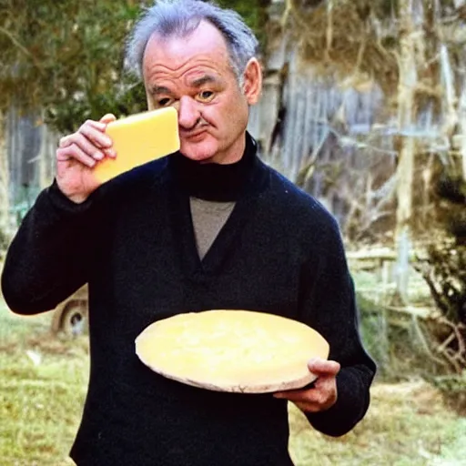 Image similar to bill murray eating a large wheel of cheese,