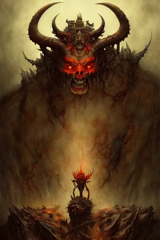 Image similar to hells gate demon lord | esoteric symbolism | jean - baptiste monge, esao andrews, bastien lecouffe - deharme, tim jacobus, ken currie | ultra - detailed realism, soft cinematic lighting, hi - fructose, artstation, high - quality, ink watercolors wes anderson poster art