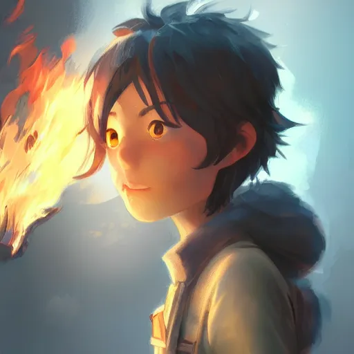 Image similar to a child with grey skin with blues and short brown hair, holding fire, highly detailed, digital painting, artstation, matte, by makoto shinkai, animation style