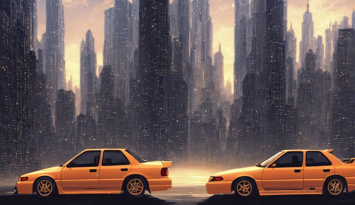 Prompt: detailed intricate digital landscape illustration by greg rutkowski and artgerm and wlop and sanford robinson gifford ; 1 9 9 4 subaru wrx sti driving in a beautiful windy city with moving cars and tall skyscrapers in background ; 1 3 mm film, arri alfa anamorphic lens, long exposure ; sharp focus, golden hour lighting, trending on artstation 4 k