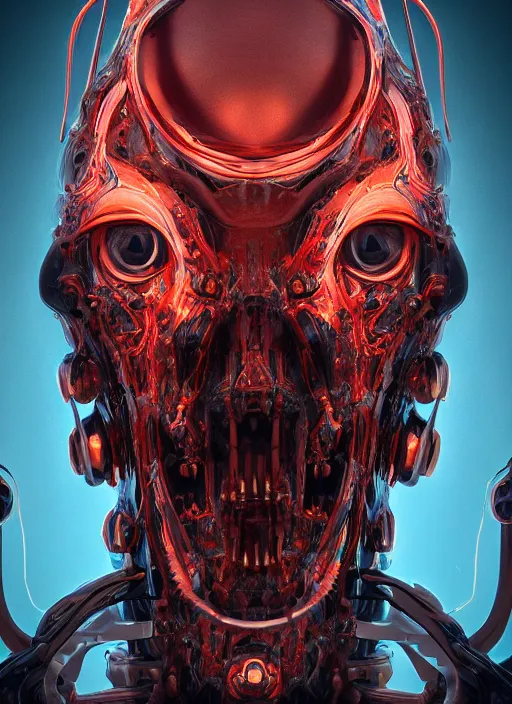 Image similar to a portrait up of a creepy looking biomechanical demon head, gigeresque cyberpunk art by ikuo hirayama, photorealism, octane render, behance hd, polycount, glowing fire background