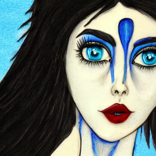 Prompt: a tall, dark hair, blue eyes woman drawn by tim burton