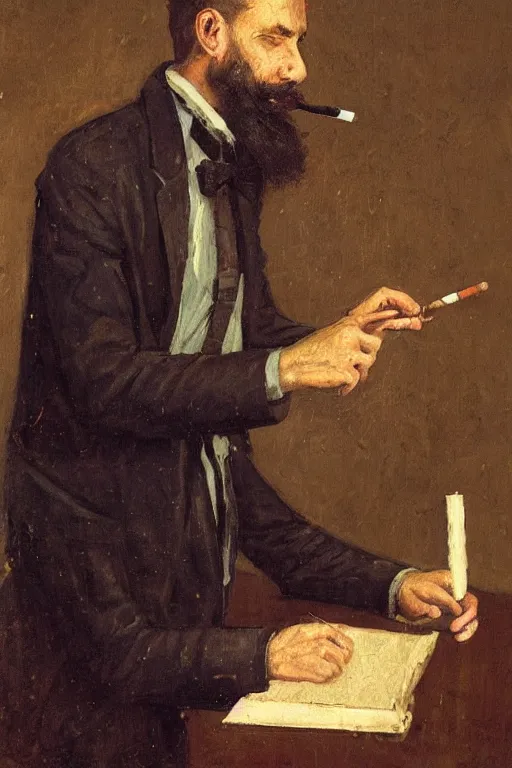 Prompt: portrait of a middle - aged writer with a beard, he is smoking a cigarette, style of greg rutkowski