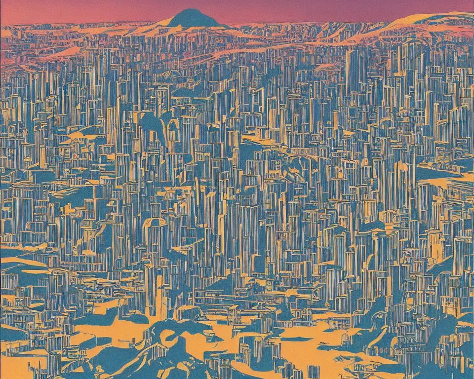 Image similar to beautiful landscape print of a futuristic metropolis in the badlands, trending on art station, by Hasui Kawase and Alex Katz.