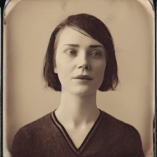 Prompt: unconventionally attractive young woman with short hair, wet plate photography, facial closeup, studio lights, collodion, daugerrotype