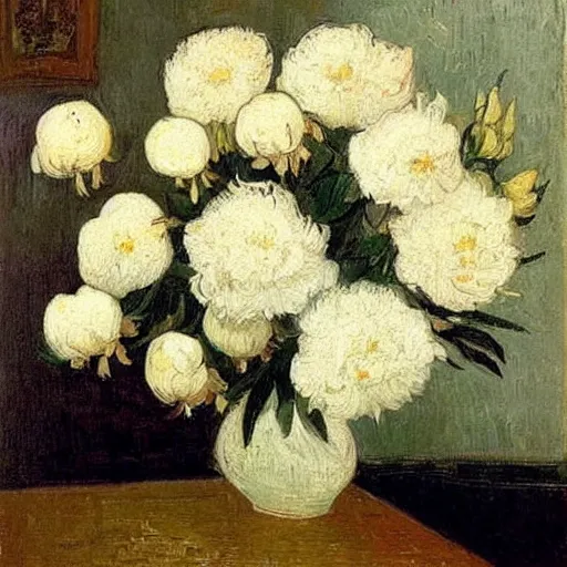 Prompt: atmospheric beautiful bouquet of white delicate peonies in the sunny room of his beloved wife, wang gogh wrote