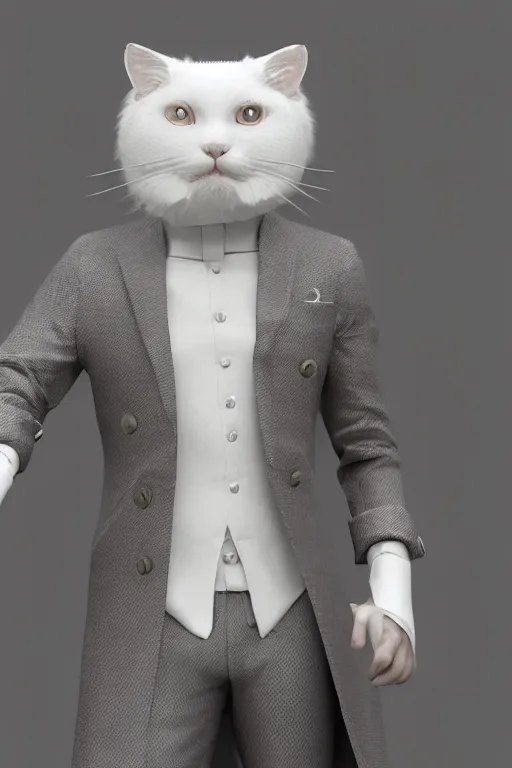 Image similar to a white cat wearing a formal overcoat, hyperrealistic, concept art, octane render, unreal engine 5, trending on DeviantArt, highly detailed, high quality, 8K, soft lighting, cute, studio background, studio lighting, realistic face, trending on Artstation, elegant clothes, profile picture