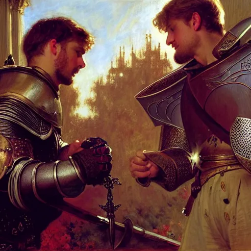 Image similar to attractive arthur pendragon and his attractive male knight, they are in love, natural lighting, path traced, highly detailed, high quality, digital painting, by gaston bussiere, craig mullins, alphonse mucha j. c. leyendecker