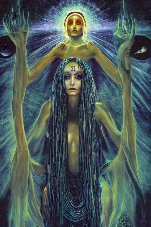 Image similar to gorgeous robed cult girl performing realism third eye ritual, dark theme night time, expanding electric energy waves into the ethereal realm, epic surrealism 8k oil painting, portrait, perspective, high definition, post modernist layering, by Ernst Fuchs, Gerald Brom