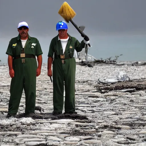 Image similar to Mario and Luigi, cleaning up the gulf oil spill with the help of The mexican military