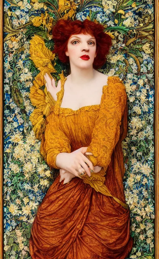 Prompt: preraphaelite full body portrait photography masterpiece hybrid of judy garland and florence welch, reclining, brown hair fringe, yellow ochre ornate medieval dress, kilian eng and william holman hunt, frederic leighton, ford madox brown, william morris, framed 4 k