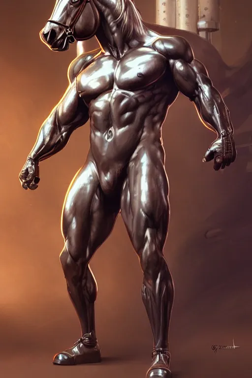 Image similar to splash art of an exaggeratedly muscular anthropomorphic horse at a research facility wearing a power - restricting suit, leather suit, clothing, highly detailed, digital painting, artstation, concept art, sharp smooth focus, illustration, art by artgerm and greg rutkowski and alphonse mucha