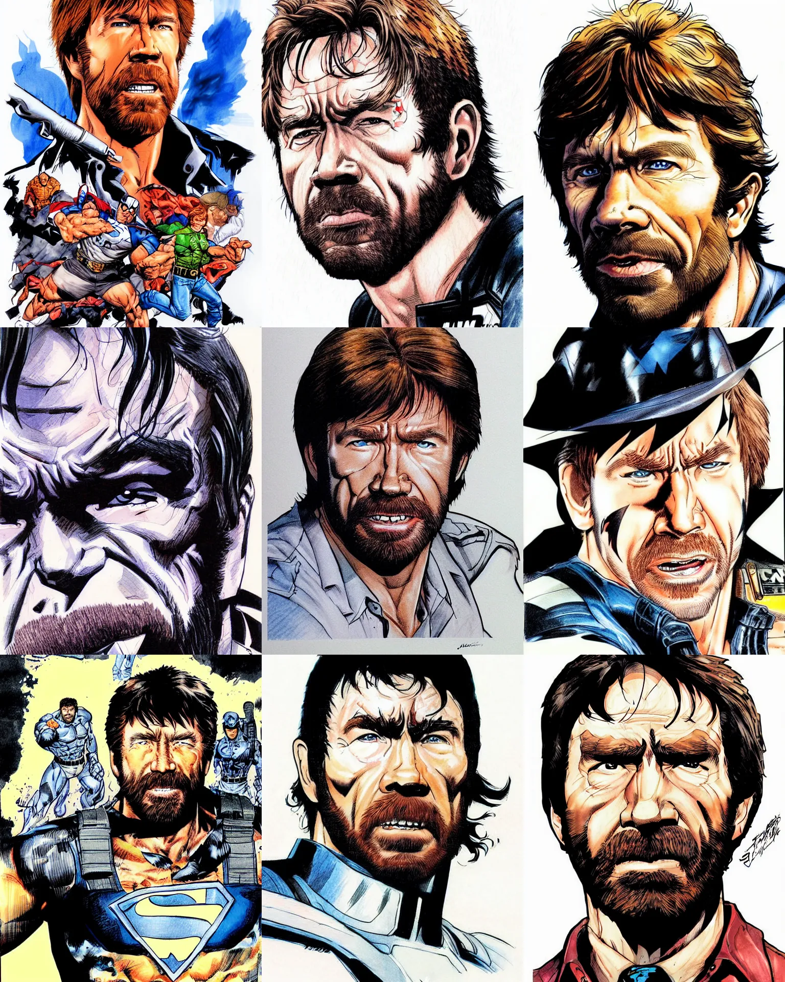 Prompt: chuck norris!!! jim lee!!! flat ink color airbrushed gouache sketch by jim lee face close up headshot in the style of jim lee, x - men superhero comic book character by jim lee