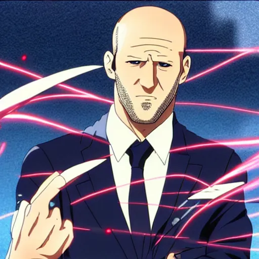 Prompt: jason statham as anime character, kyoto animation, magical