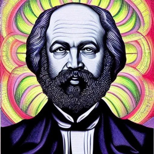 Image similar to karl Marx painting by alex grey in the style of a tool album cover