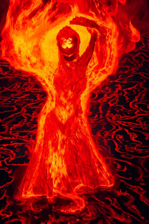 Prompt: high contrast woodblock of a eldritch volcanic fire goddess clothed in a flaming gown, volcanic embers, magma, diffused lighting, hyperrealism, fantasy character art by laura zalenga and alexander holllow fedosav, 8 k dop dof hdr