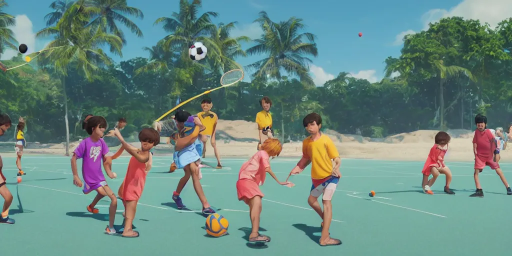 Image similar to a film still of a scene, where children playing football and badminton, a sunny and colourful beach scene in hawaii, the weather is very windy. wide shot, wes anderson, studio ghibli, pixar and disney animation, sharp, rendered in unreal engine 5, anime key art by greg rutkowski, bloom, dramatic lighting