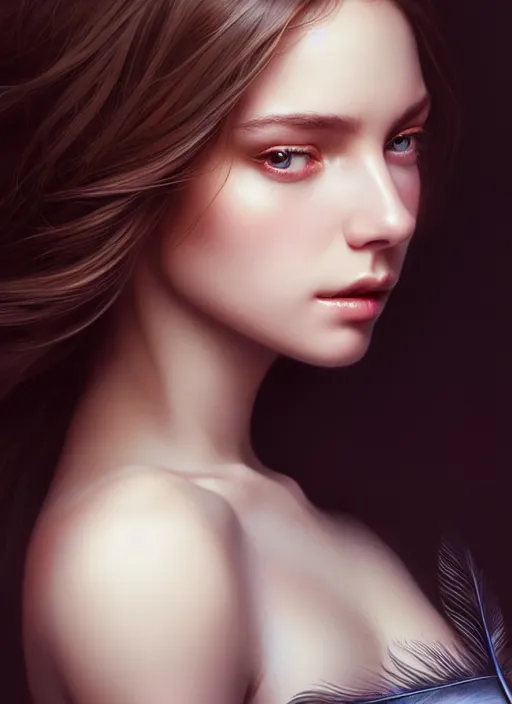 Image similar to a gorgeous female photo, professionally retouched, award winning, hyperdetailed, rendered in vue, soft lighting, feather hair, realistic, smooth face, perfect eyes, wide angle, sharp focus on eyes, 8 k high definition, insanely detailed, intricate, elegant, art by artgerm and greg rutkowski