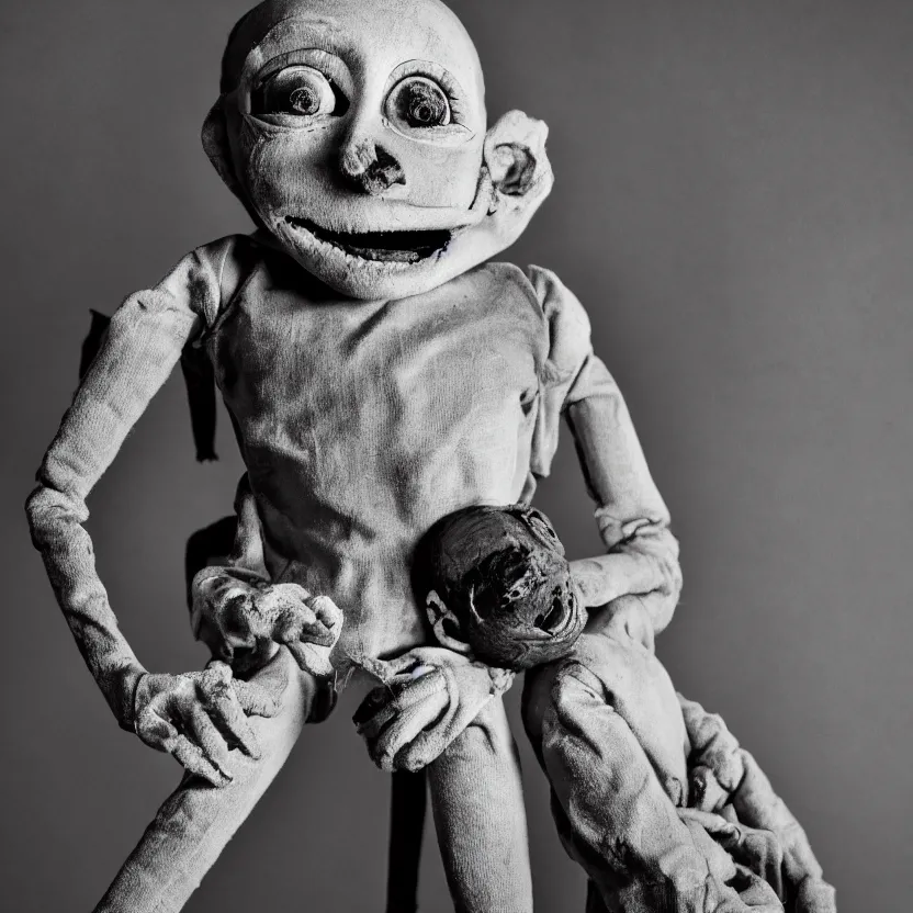 Image similar to creepy ventriloquist dummy in the style of roger ballen, 4 k, bw, portrait