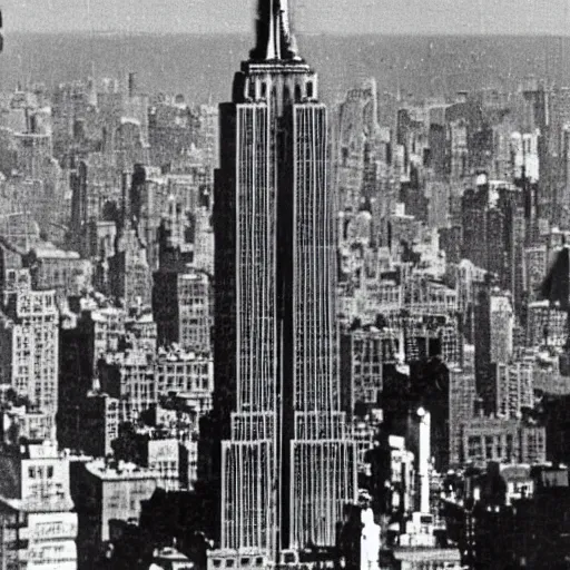 Prompt: gigapikachu attacking the empire state building, 1960s monster movie