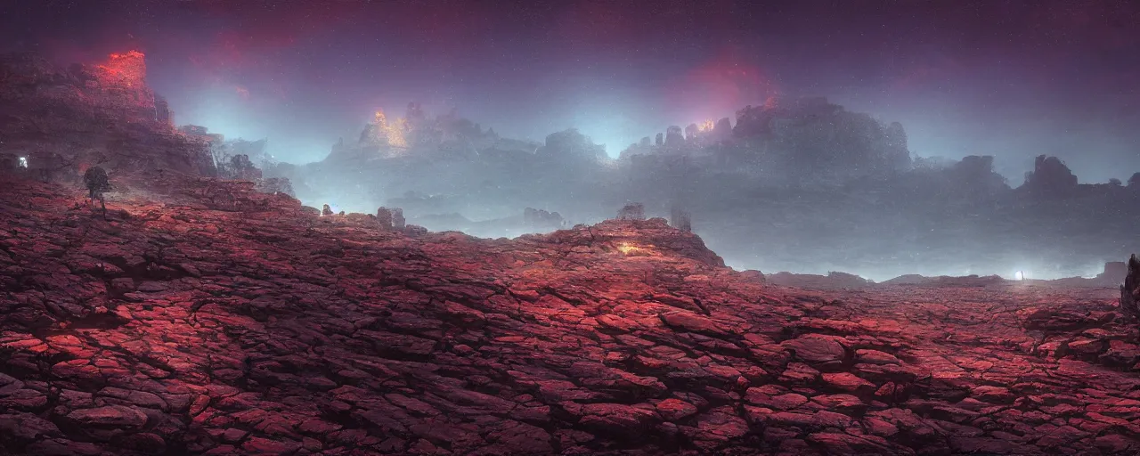 Image similar to ” barren rocky landscape at night, [ cinematic, detailed, epic, widescreen, opening, establishing, mattepainting, photorealistic, realistic textures, octane render, art by wlop and paul lehr ] ”