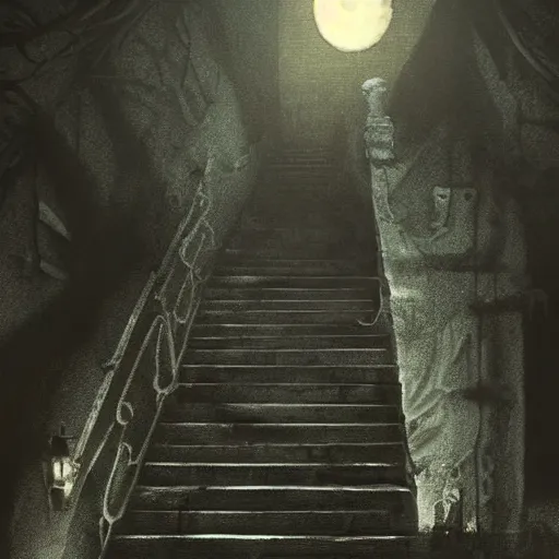 Image similar to fierce werewolf crawling up a staircase looking at camera, horror art, creepy, sinister, art station, 4k