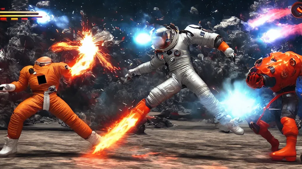 Prompt: an astonaut fighting a cosmonaut. VS fighting, videogame versus game UI, game UI, tekken, street fighter, mortal kombat, side camera, life bars, win count, countdown, playstation game, xbox game, unreal engine, 8k, 4k,