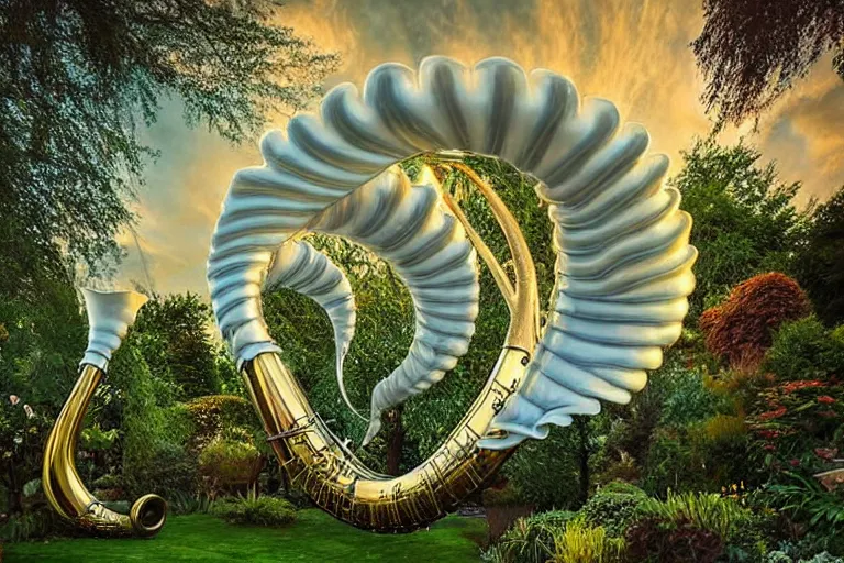 Prompt: a flock of intricate elegant tuba cloud sculptures, art nouveau garden environment, soothing, milky way, award winning art, epic dreamlike fantasy landscape, ultra realistic,