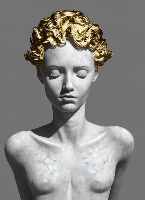 Image similar to a statue made of white marble with gold veins, of an beautiful gorgeous angel girl, full body shot, perfect symmetrical body, perfect symmetrical face, no eyes, hyper realistic, hyper detailed, fujicolor superia 1 6 0 0 photo, by johannen voss, by peter kemp, by monia merlo, by michelangelo octane render, blender, 8 k