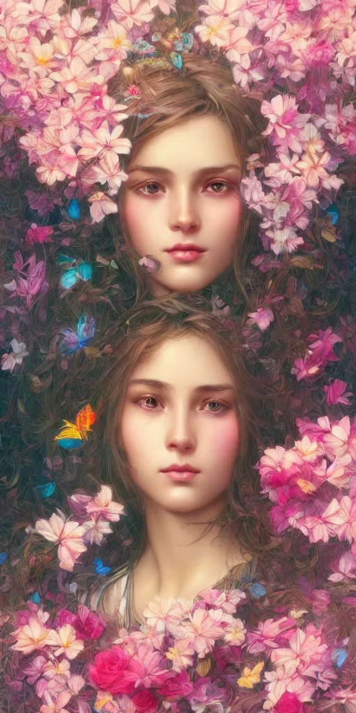 Prompt: beautiful, young woman, extremely detailed gorgeous face, sad eyes tears, vaporwave aesthetic, synthwave, photo-realistic face, digital, flowers, butterflies, birds, painting, artstation, concept art, smooth, sharp focus, illustration, art by artgerm and greg rutkowski and alphonse mucha