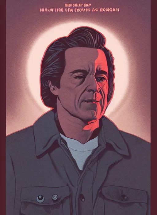 Image similar to Twin Peaks poster artwork by Michael Whelan and Bob Larkin, of portrait of Joe Rogan in red flannel, spotlight from the sky shining on him, from scene from Twin Peaks, clean, simple illustration, nostalgic, domestic