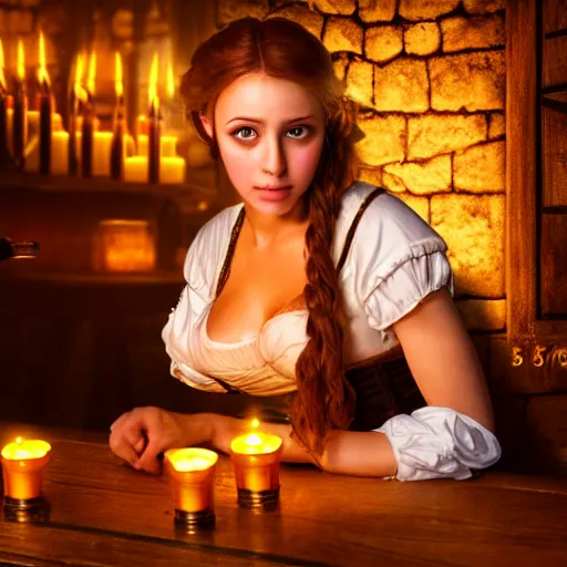 Prompt: young attractive beautiful bar maid in a medieval tavern at night with candles, wow 4 k detail fantasy, matte painting, realistic materials, photo realistic, postprocessing, cinematic, hyperrealistic, studio lighting, photography by richard jenkins