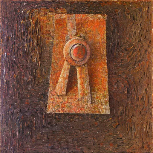 Prompt: a detailed organic impasto painting by shaun tan and louise bourgeois of an abstract geometric forgotten sculpture by ivan seal and the caretaker