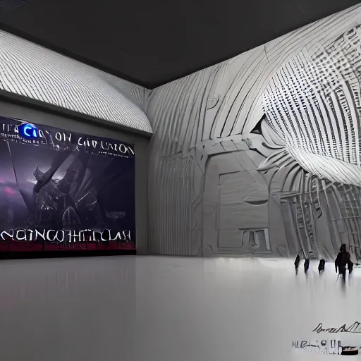 Image similar to sci-fi wall structure on the coronation of napoleon painting and digital billboard in the middle, unreal engine 5, keyshot, octane, artstation trending, ultra high detail, ultra realistic, cinematic, 8k, 16k, in style of zaha hadid, in style of nanospace artstation, in style of photogrammetry cloud, in plastic, dark, tilt shift,