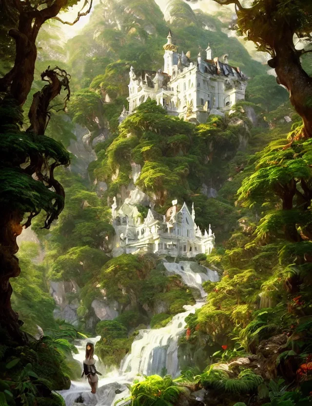 Image similar to beautiful white castle in a mountain forest valley, beautiful landscape, lush foliage, painted by karl kopinsky, john singer sargent, tom bagshaw, norman rockwell, alfonso muha, lolish, trending on artstation