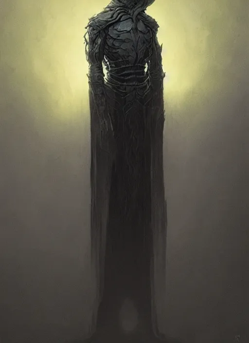 Image similar to concept art of a character with a black robe, glowing eye, digital art, trending on artstation, wayne barlowe and zdzislaw beksinski