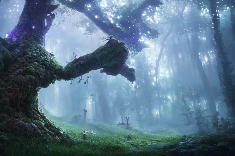 Image similar to fairy kingdom forest, miyazaki, nausicaa, ambient lighting, concept art, intricate, hyper detailed, smooth, dynamic volumetric lighting, octane, cinematic, high quality, high resolution, 4 k, cgsociety, rutkowski, gurney