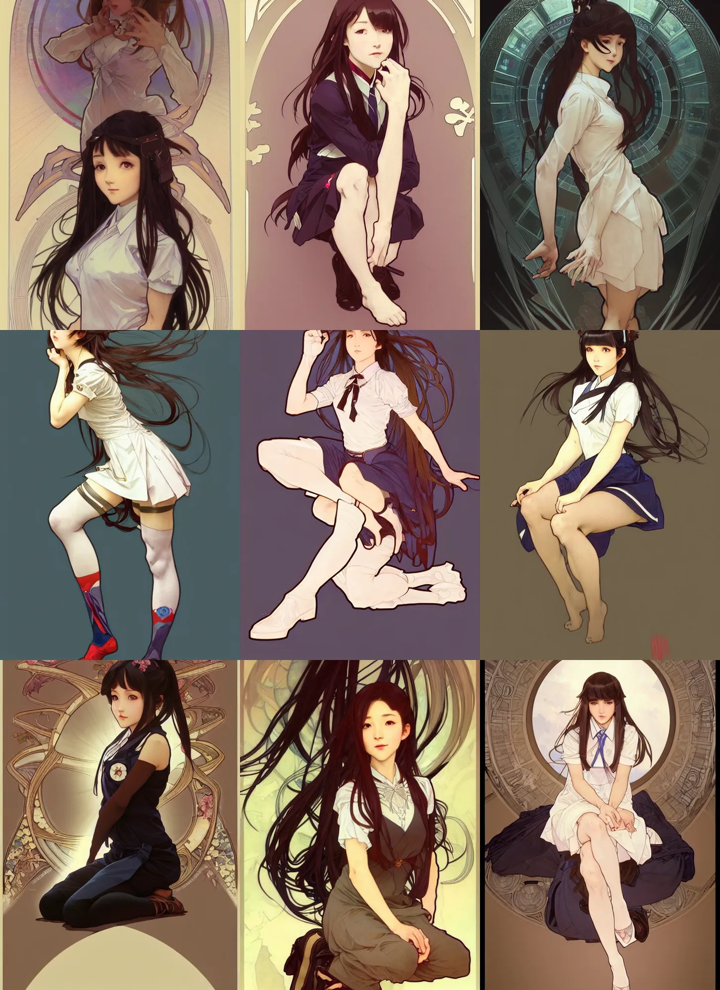 Image similar to a digital concept art by artgerm and greg rutkowski and alphonse mucha. full body!! clear portrait of a squatting attractive japanese school girl in uniform!! sit on floor!! knee length stockings ， school bag, light effect. hyper detailed, character concept, glowing lights!! intricate, elegant, digital painting, artstation, smooth, sharp focus