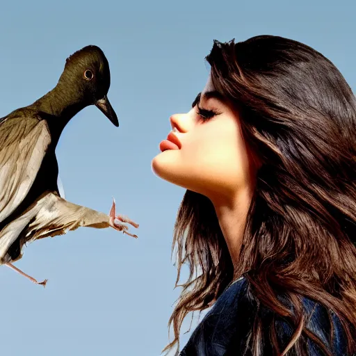 Prompt: a flying bird shitting directly on selena gomez's head