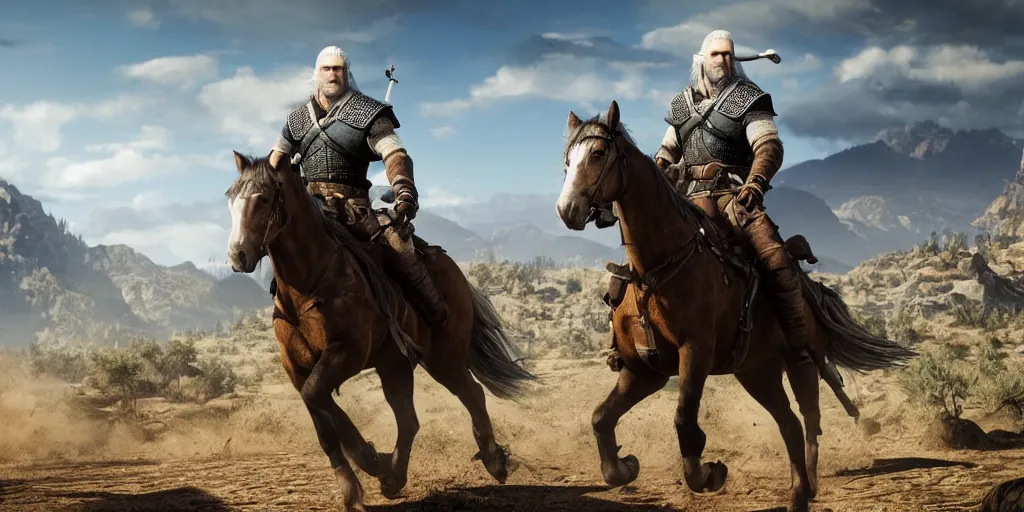 Image similar to geralt from rivia riding on a horse in wild west with hat and revolver