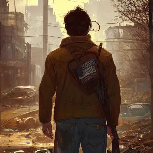 Prompt: Half portrait of a young man with long brown hair as a homeless character in Fallout 4 walking in Boston City, gorgeous, beautiful, intricate, highly detailed, digital painting, artstation, oppressive lighting, concept art, sharp focus, illustration, art by greg rutkowski and alphonse mucha