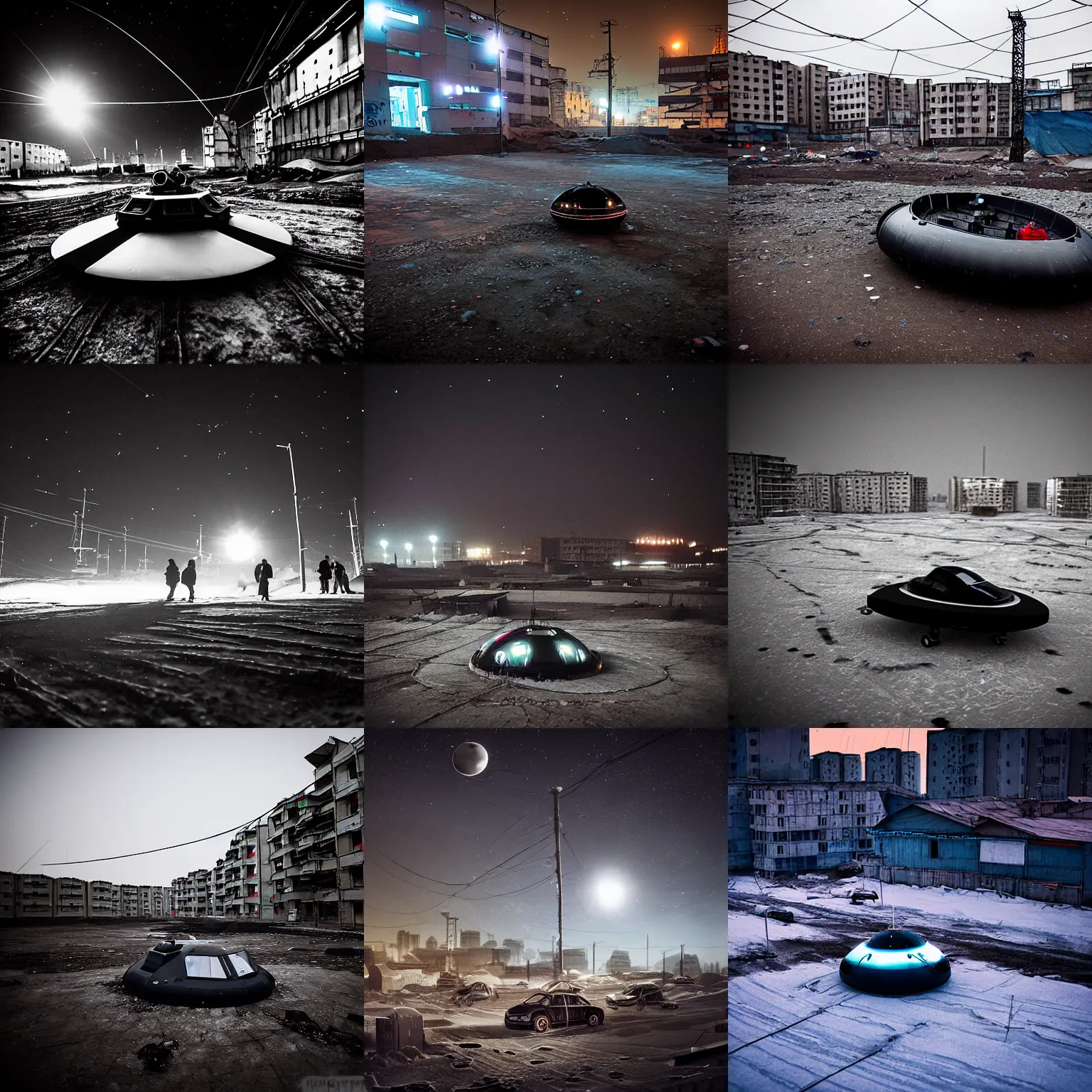 Prompt: cheap and sturdy hovercraft leaving trails in a Russian cyberpunk slum city called Neo Norilsk on the Moon, at night, diverse, lively, black sky full of stars, blinding sun, sci-fi, lots of flying cars, levitation, cyberpunk outfits, photorealistic, grainy, 35mm, intricate, very very beautiful, elegant, smooth, cinematic, Unreal Engine 5, by Beeple, trending on Artstation HD