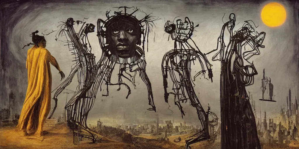 Prompt: solarpunk human, by david caspar friedrich and giger and Jean-Michel Basquiat