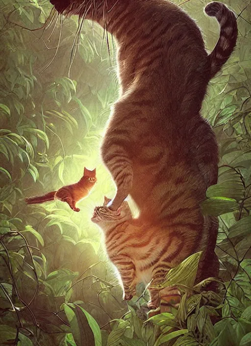 Prompt: a hyper realistic illustrated cat with playing with a bird in the woods gorgeous lighting, lush forest foliage painting by chiara bautista and beksinski and norman rockwell and greg rutkowski weta studio, and lucasfilm