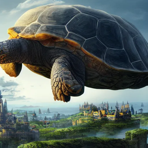 Prompt: giant tortoise with large castle growing from the shell, distant shot birds eye view, fantasy, hyper detailed, 4 k, howls moving castle, mortal engines,