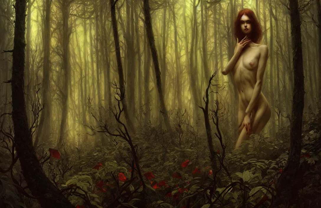 Image similar to inside a dark horror forest, heroic lighting, folklore, intricate, elegant, highly detailed, lifelike, photorealistic, digital painting, artstation, illustration, concept art, smooth, sharp focus, art by John Collier and Albert Aublet and Krenz Cushart and Artem Demura and Alphonse Mucha