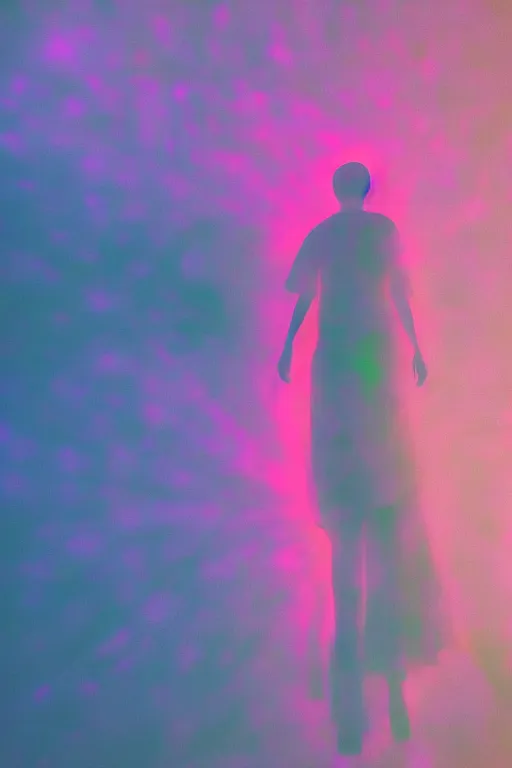 Image similar to human silhouette, large diffused colorful glowing aura, long exposure, film grain, cinematic lighting, maximum detail, art by janice sung