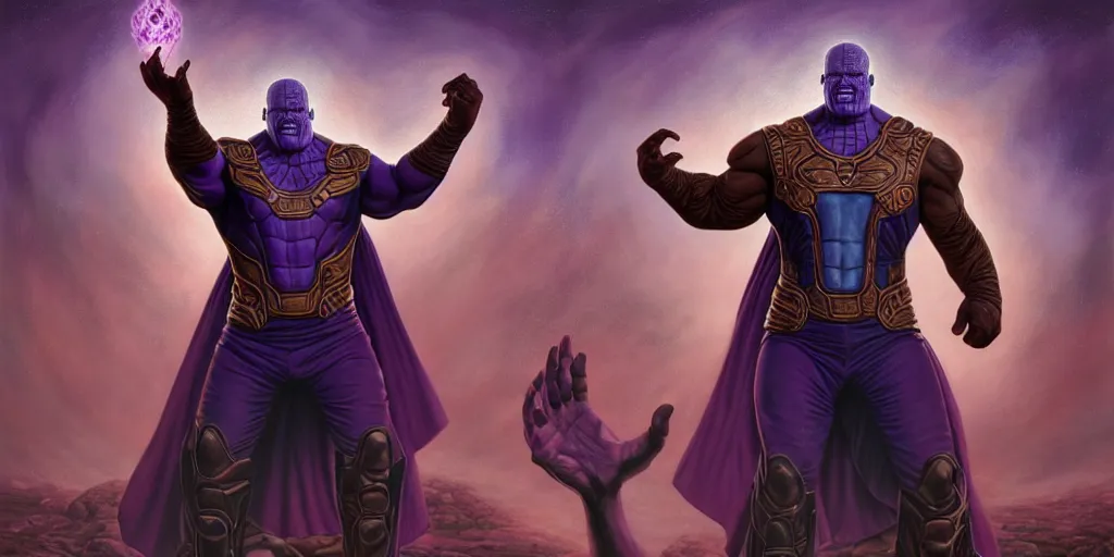 Image similar to south american thanos, as a matte oil painting and d & d character art, by alex grey, standing, fullbody, casting a magic spell, fog, concept art, award - winning, extremely detailed, sharp focus